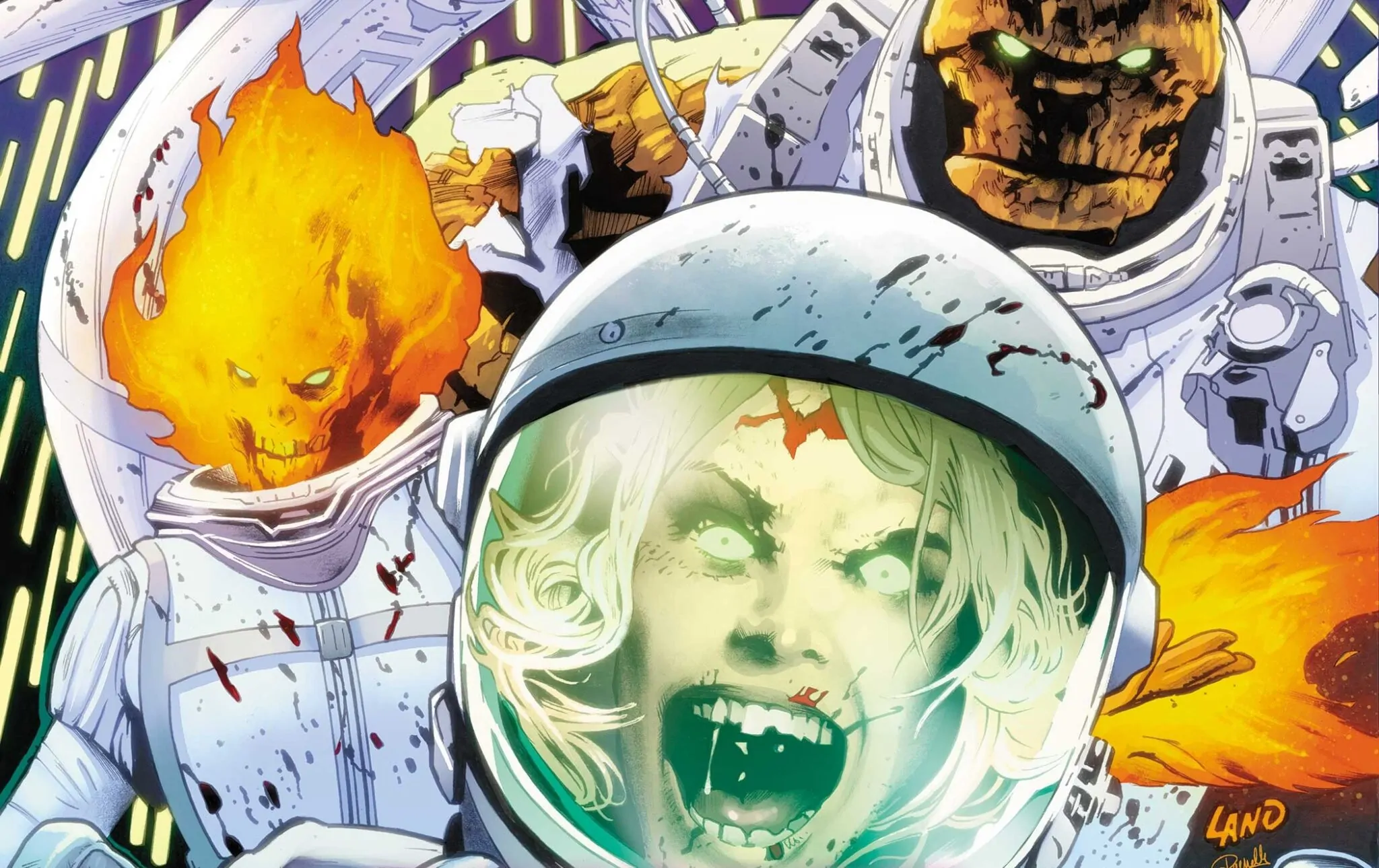 Versão zumbificada do Quarteto Fantástico em traje espacial na capa de Marvel Zombies: Red Band #1 (2025)